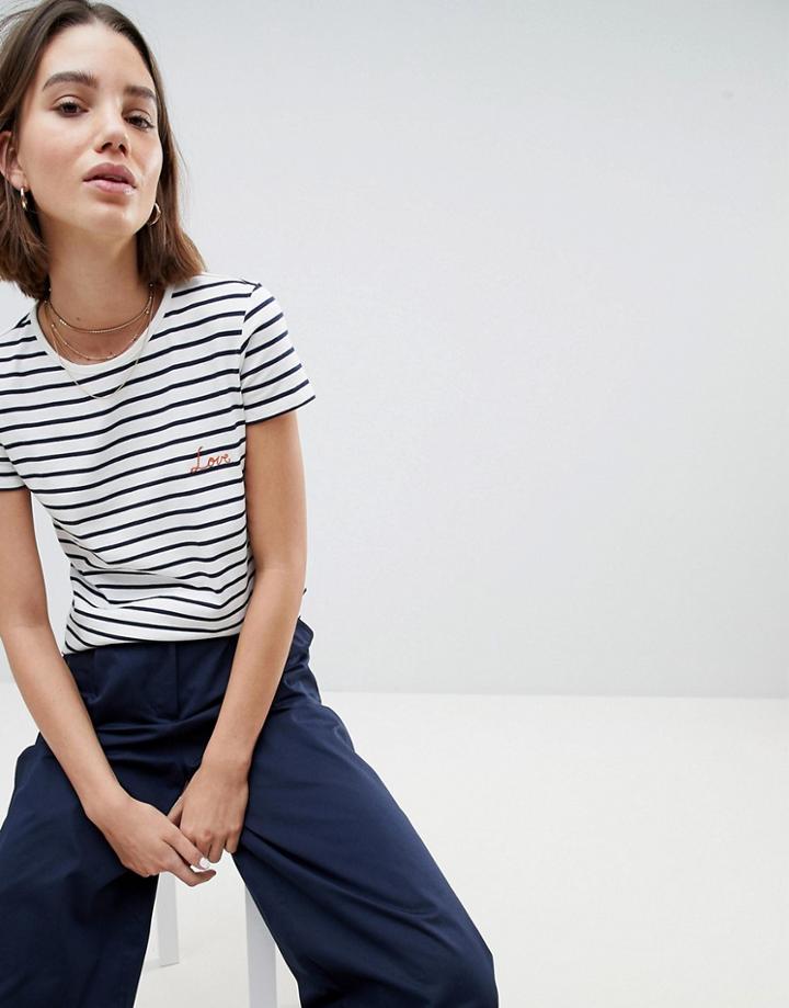 People Tree Organic Fairtrade Cotton T-shirt In Breton Stripe With Love Slogan - White