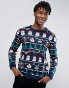 Pull & Bear Holidays Sweater In Navy With Snowman Print - Navy