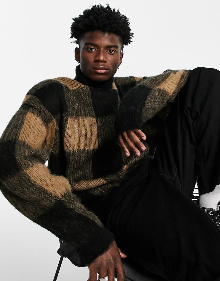 Asos Design Fluffy Knit Plaid Turtle Neck Sweater In Camel-brown