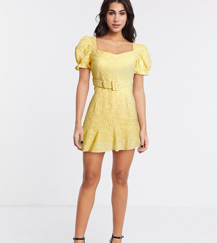 Dark Pink Belted Sweetheart Broderie Mini Dress With Frill Hem In Soft Yellow