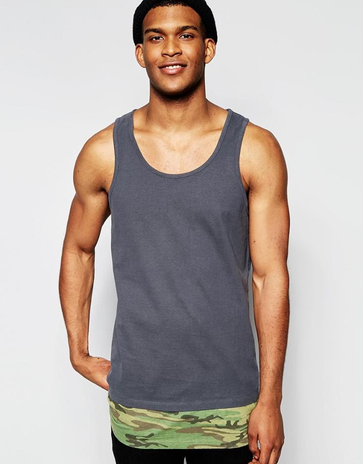 Asos Longline Vest With Camo Print Hem Panel - Washed Black