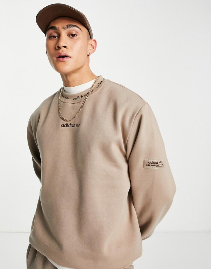 Adidas Originals 'trefoil Linear' Sweatshirt In Chalky Brown With Arm Patch