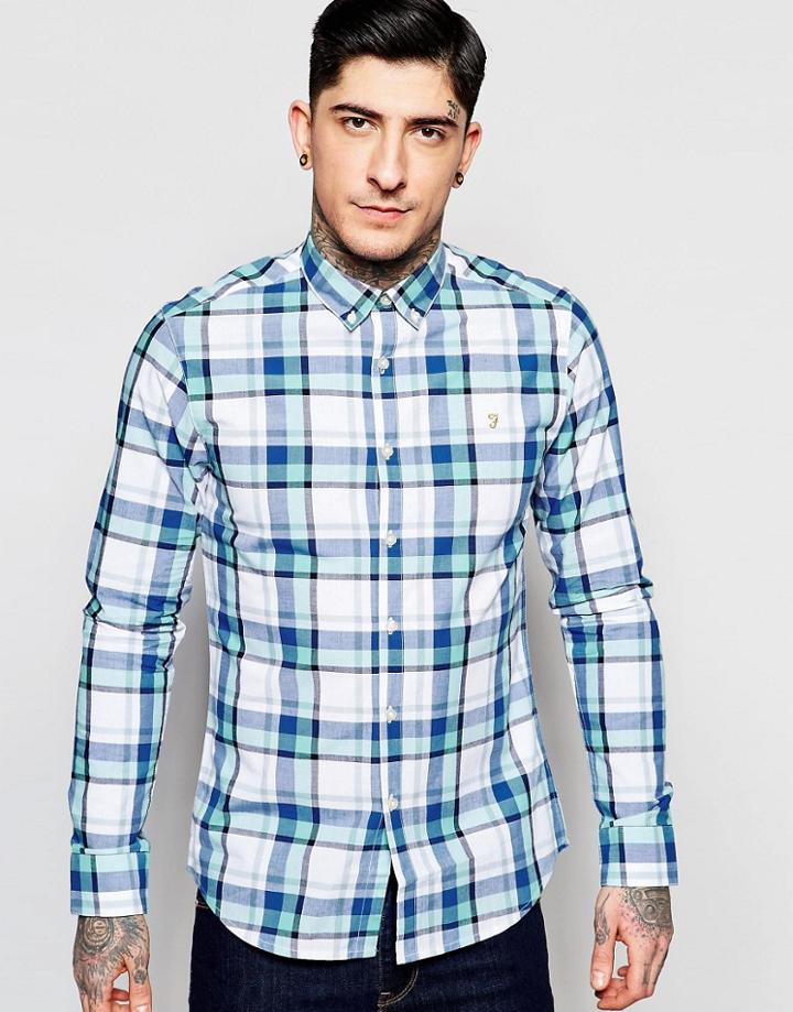 Farah Shirt In Madras Check In Blue Slim Fit - Coastal Blue