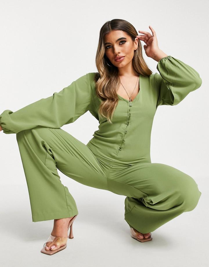 I Saw It First Woven Button Down Wide Leg Jumpsuit In Olive Green