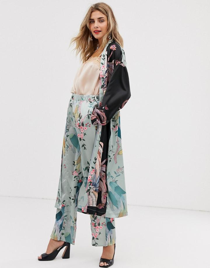 Liquorish Wide Leg Pants In Bird Print Two-piece-multi