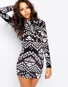 Jaded London Velvet Mini 70's Dress With High Neck & Long Sleeves In Geo Geo-tribal Print - Multi