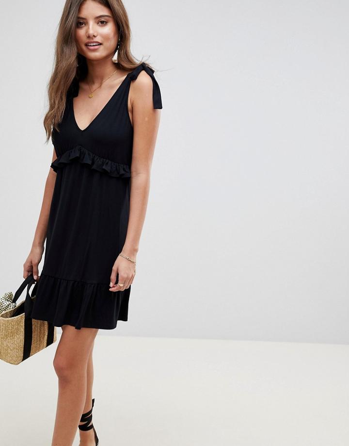 Asos Design Tie Strap Sundress With Pep Hem - Black