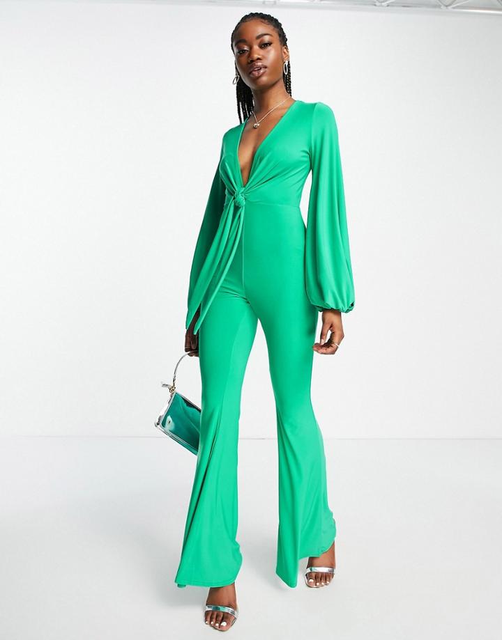 Asos Design Glam Plunge Tie Front Jumpsuit In Slinky In Green