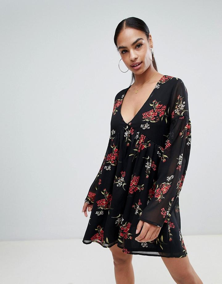 Prettylittlething Dark Floral Smock Dress - Black