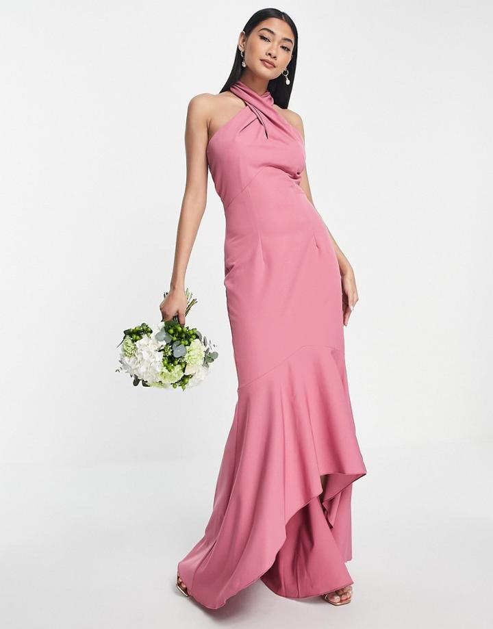 Little Mistress Bridesmaid Cross Front Midi Dress In Dark Pink