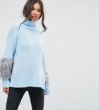 Prettylittlething Faux Fur Detailed High Neck Sweater - Blue