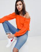 Asos Design Off Shoulder Sweatshirt With Pretty Ruffle Detail - Red