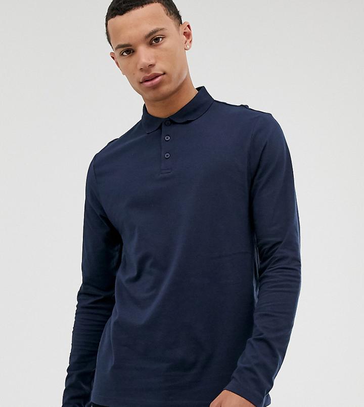 Asos Design Tall Long Sleeve Jersey Polo In Navy
