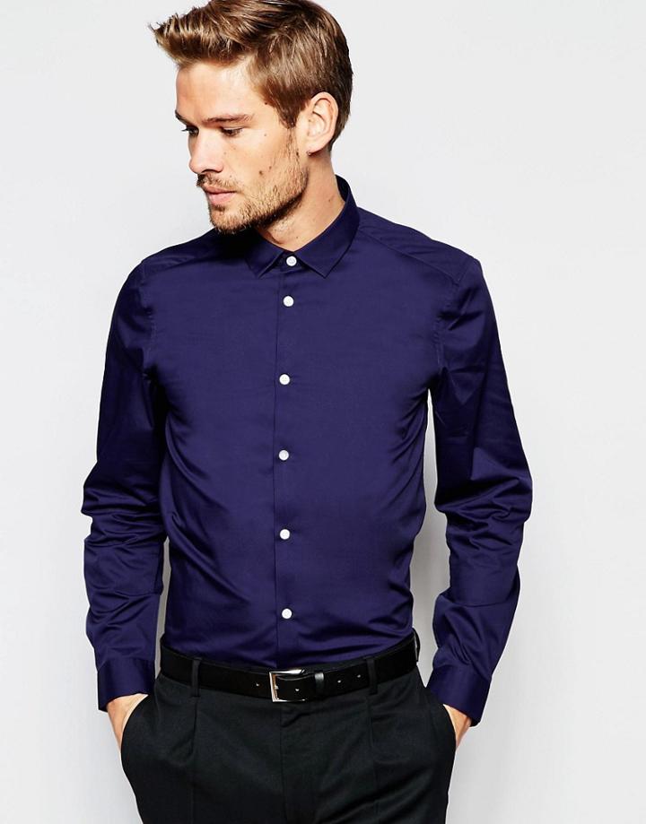 Asos Smart Shirt In Navy With Long Sleeves In Regular Fit - Navy