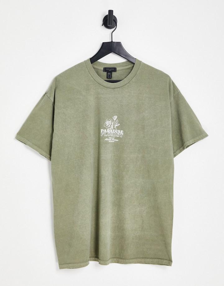 New Look Paradise Floral T-shirt In Khaki-green