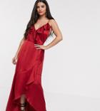Little Mistress Petite Satin Frill Wrap Dress In Ruby