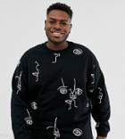 Asos Design Plus Oversized Sweatshirt With Line Drawn Faces Print In Black