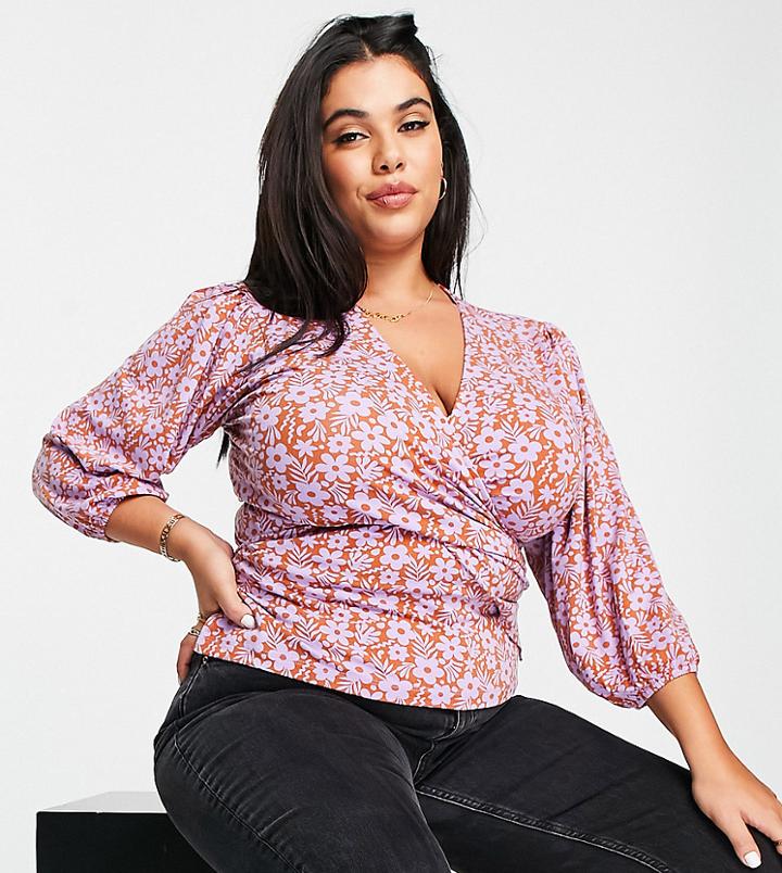 Asos Design Curve Stretch Wrap Blouse With Puff Sleeves In Retro Floral Print-multi