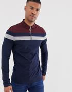 Asos Design Long Sleeve Polo Shirt With Zip Neck And Color Block In Navy - Navy
