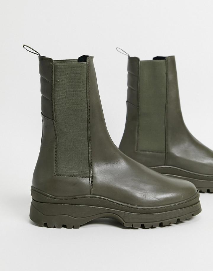 Asos Design Chelsea Calf Boots With Padded Collar In Khaki Leather With Chunky Sole-green