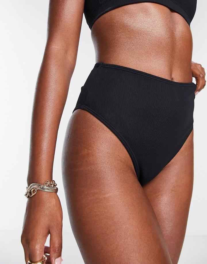 Topshop Rib High Waist Bikini Bottom In Black