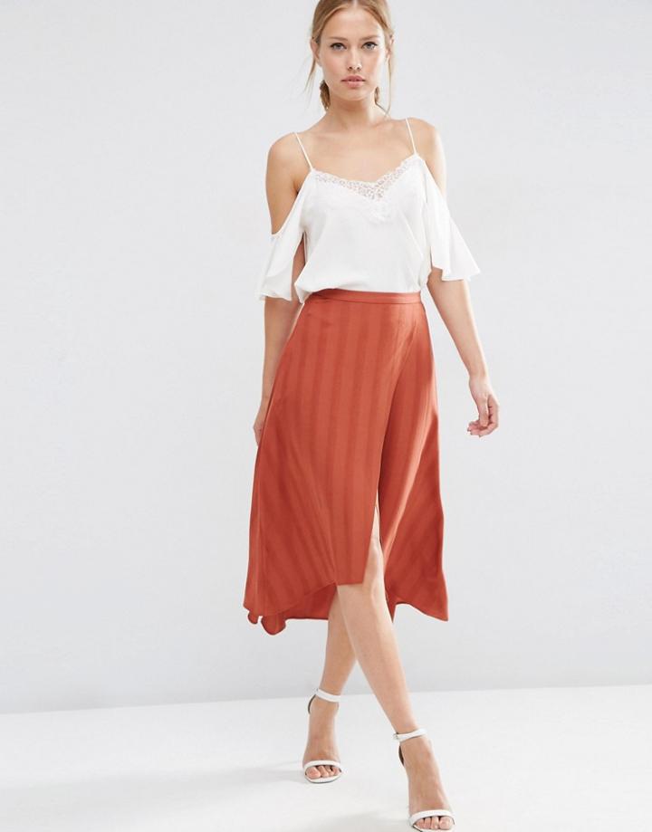 Asos Midi Skirt In Self Stripe With Stepped Hem Detail - Brown