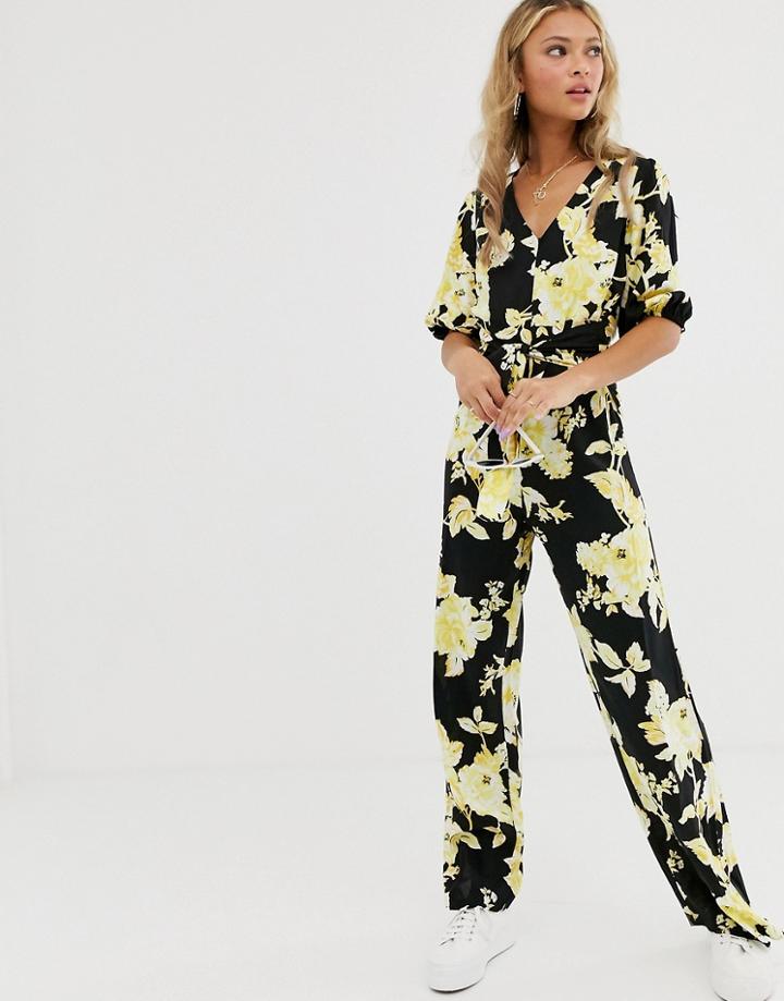 Miss Selfridge Jumpsuit With Knot Front In Floral Print-black