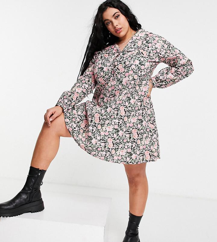 Only Curve Shirt Dress With Collar Detail In Floral Print-black