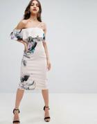 Asos Floral Textured Ruffle Off Shoulder Double Strap Midi Dress - Multi