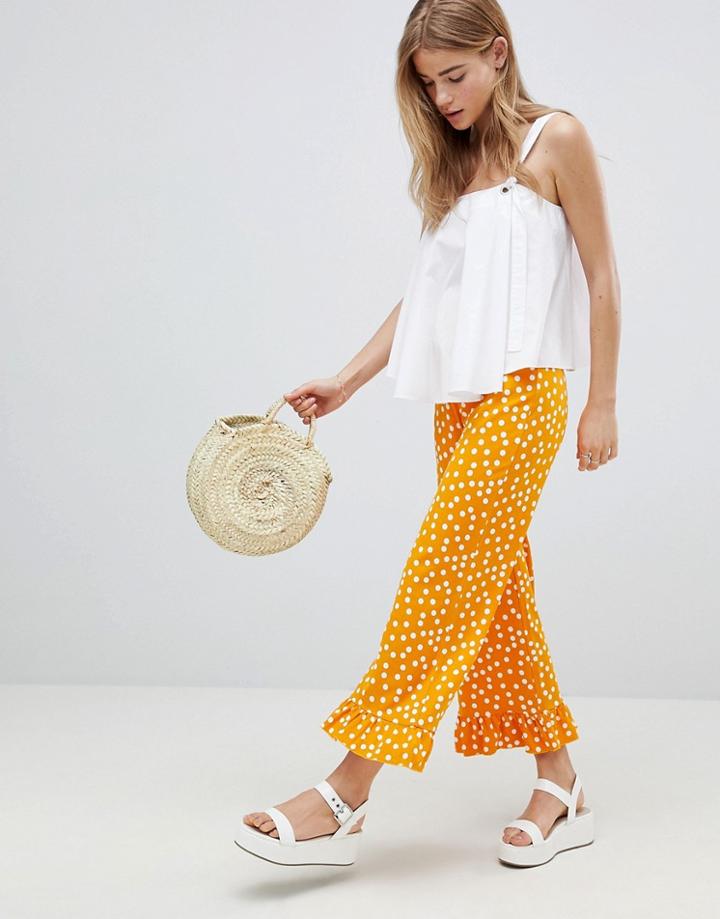 Asos Design Pants With Fluted Ruffle Hem In Polka Dot - Orange