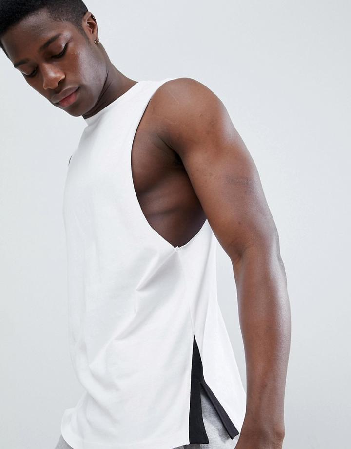 Asos Design Tank With Dropped Armhole And Contrast Side Splits In White - Multi