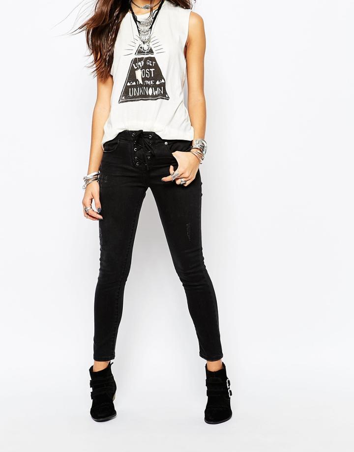 Lira Skinny Jeans With Tie Front Lace Up Detail - Black