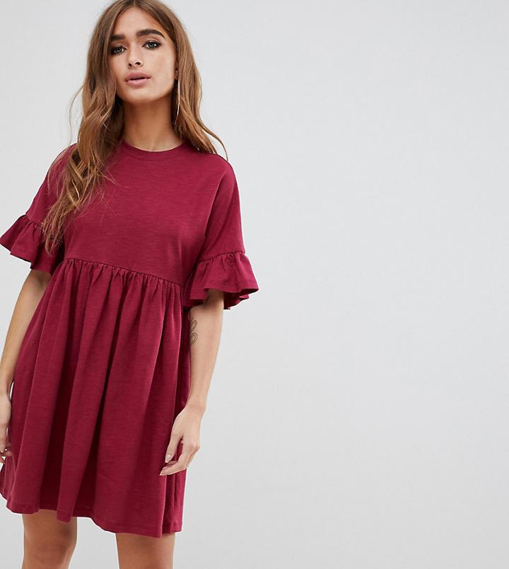 Asos Design Petite Cotton Slubby Frill Sleeve Smock Dress - Red