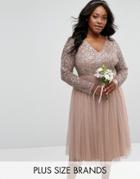 Lovedrobe Luxe Long Sleeve V Neck Midi Dress With Delicate Sequin And Tulle Skirt - Gray