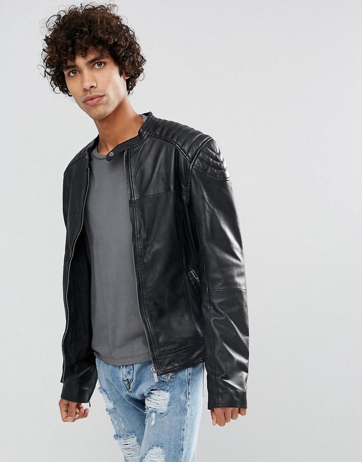 Goosecraft Leather Biker Jacket In Washed Black - Black