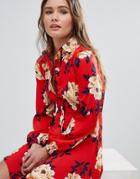Influence Frill Skater Shirt Dress In Floral Print - Red