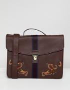 Asos Design Satchel In Faux Leather In Burgundy With Internal Laptop Pouch And Dragon Embroidery - Red