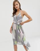 Asos Design Minimal Drape Midi Dress In Asbtract Brush Print - Multi