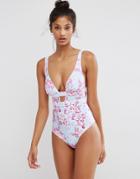 Asos Fuller Bust Posy Floral Print Plunge Swimsuit Dd-g - Posy Floral