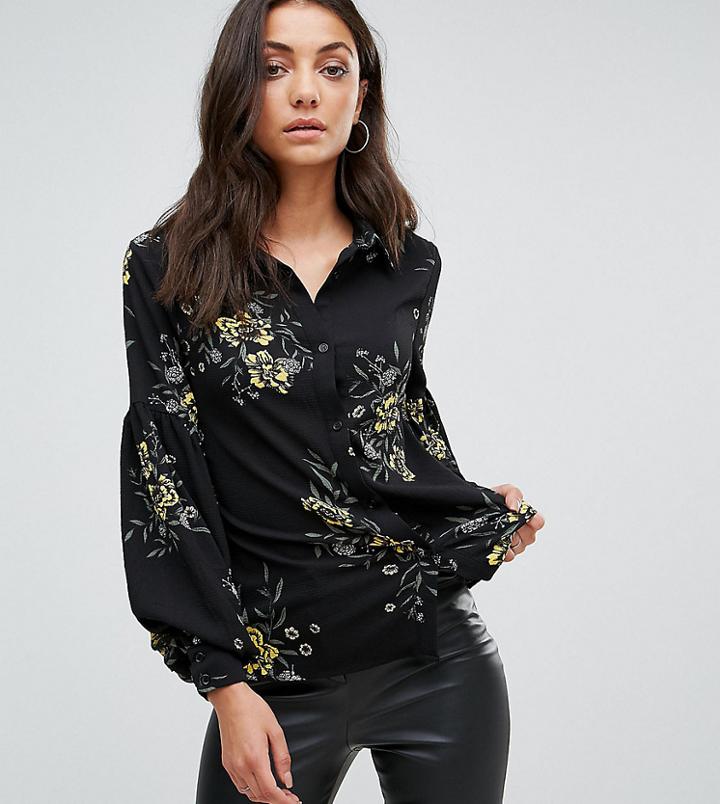 Fashion Union Tall Baloon Sleeve Shirt In Bold Floral Bloom Print - Black