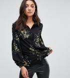 Fashion Union Tall Baloon Sleeve Shirt In Bold Floral Bloom Print - Black