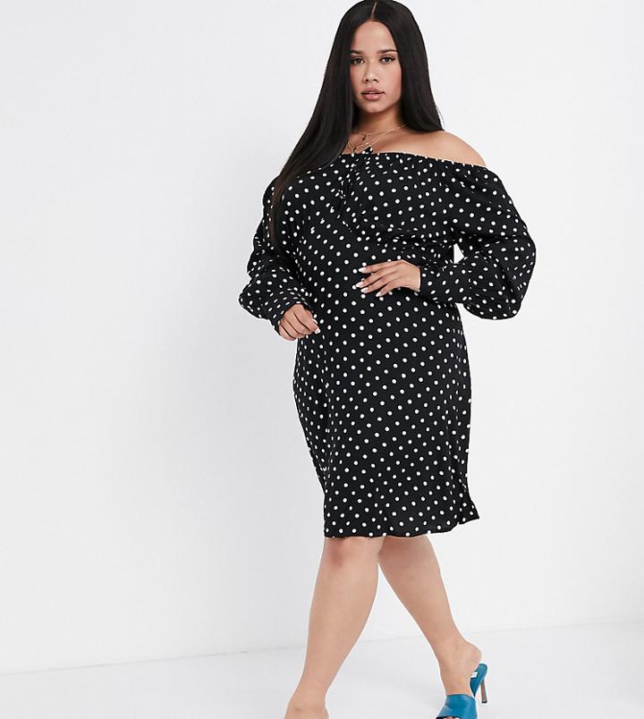 Vero Moda Curve Off Shoulder Dress In Black Polka