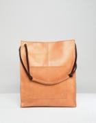 Asos Design Leather Vintage Shopper With Front Pocket - Tan