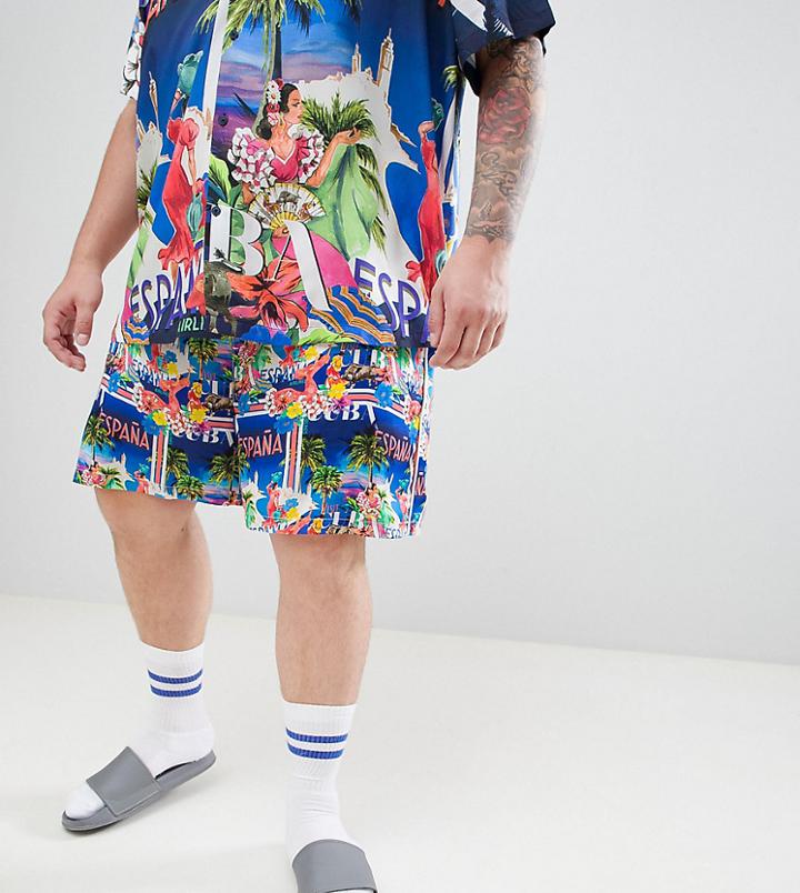 Asos Design Plus Two-piece Slim Shorts With Elasticated Waistband In Tropical Postcard Print With White Side Piping - Navy