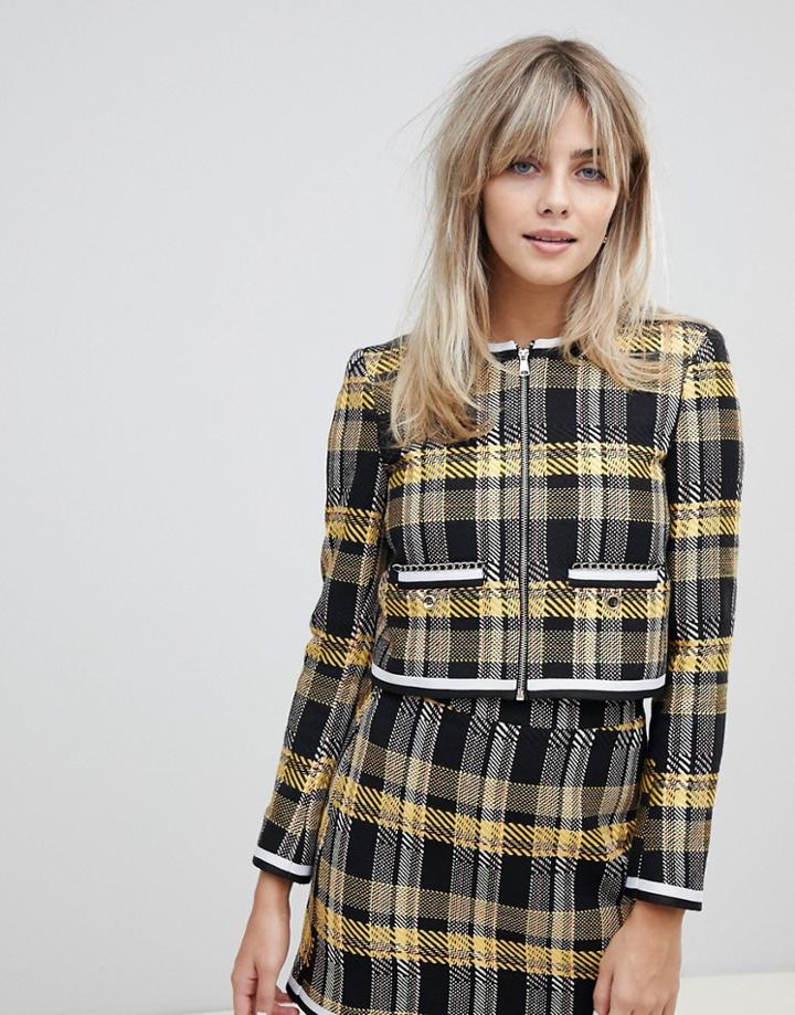 Asos Design Yellow Check Boucle Cropped Suit Blazer With Chain Detail - Multi