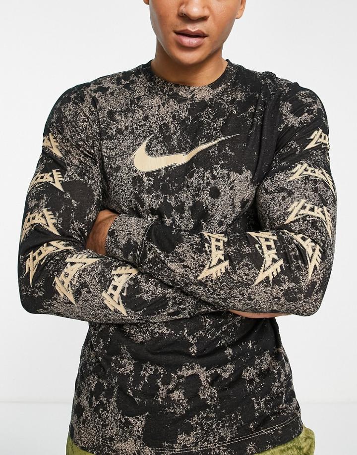 Nike Training Dri-fit Story Pack Acid Wash Print Long Sleeve Top In Dark Beige-white
