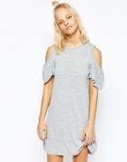 Asos Knitted Dress With Ruffle Cold Shoulder - Gray