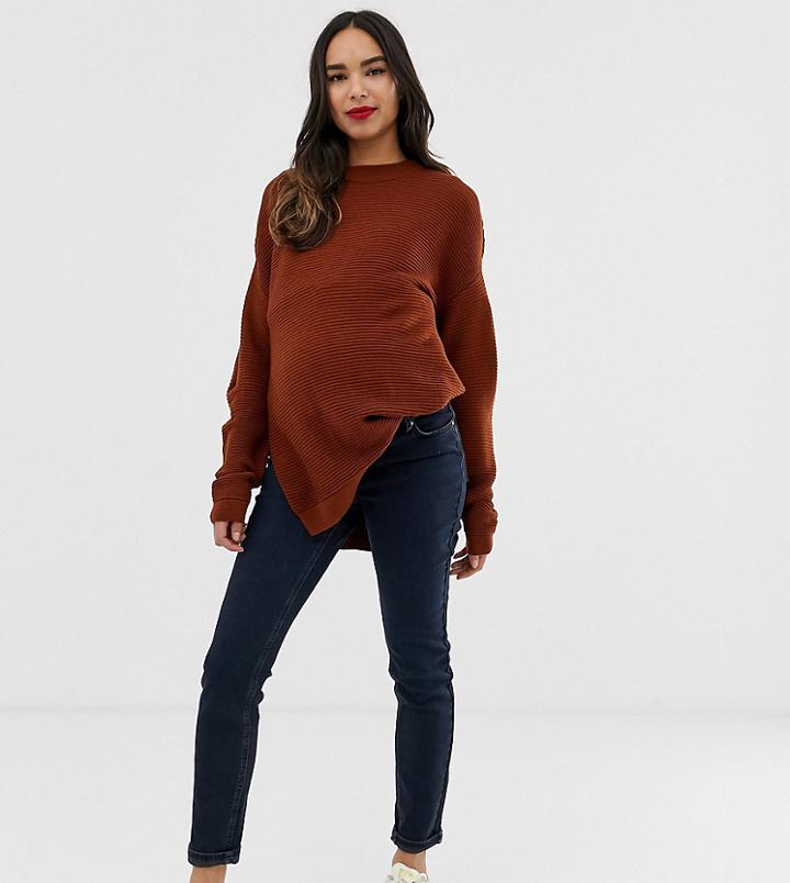 Asos Design Maternity Kimmi Boyfriend Jeans In Blackened Blue Wash With Over The Bump Band