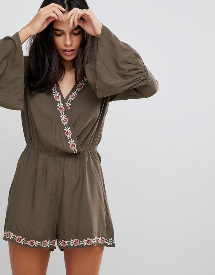 Lunik Floral Embroidery Romper - Brown