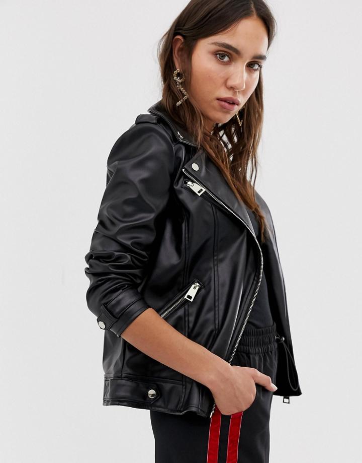 River Island Faux Leather Cropped Biker Jacket In Black